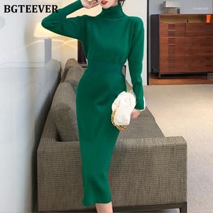 Casual Dresses BGtever Vintage Turtleneck Slim Women Sweater Dress Långärmad elastisk midja Kvinnlig stickad bodycon vestidos