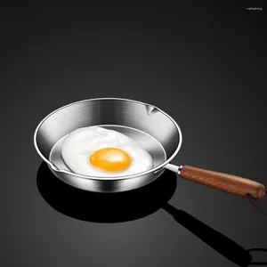 Pans Oven Safe 304 Stainless Steel Frying Pan PFAS Flat Bottom Wooden Handle Omelette 12/16cm Small Open Skillet Home