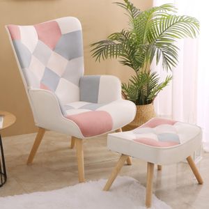 Pinyin interface chair with ottoman set, upholstered armchair with solid wood legs, comfortable reading, living room bedroom with ottoman (patchwork pink)