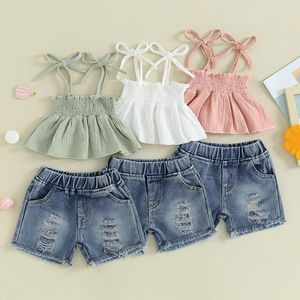 Kleidung setzt 1-5 Jahre Kinder-Mädchen-Shorts Seting Falten-Camisole mit zerrissenem Denim für das zweiteilige Sommer-Outfit