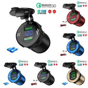 New Aluminum Alloy Dual QC 3.0 USB Charger Socket with LED Voltmeter Outlet Adapter Waterproof for 12V 24V Car Truck Boat RV Marine