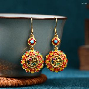 Dangle Earrings Chinese Style 925 Silver Needle High-Grade Light Luxury Dunhuang Enamel Painted Imitation Turquoise