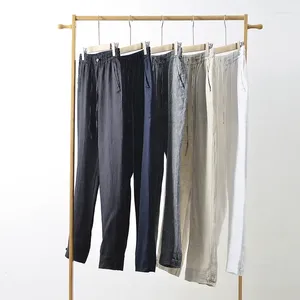 Męskie spodnie 2024 Summer stały kolor biały cienki lniany chiński styl klamry codziennie swobodny