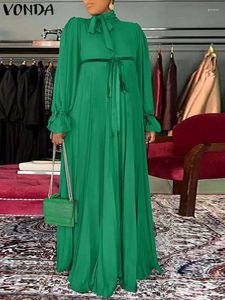 カジュアルドレス2024ヴォンダファッションサマーサイドサイズの女性ロングマキシドレススリーブ包帯ソリッドサンドレススタンドカラーパーティーベスティドス