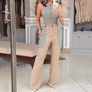 Wefads Kadınlar İki Parça Set Moda Ofis Yuvarlak Boyun Kolsuz Sırtsız Renk Bloğu Top Gevşek Cepler Pantolon Sokak Giyim 240408