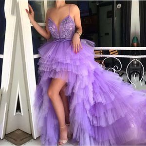 Lilac sexy niedriger Abend hohe rückenfreie Spaghetti -Träger abgestufte Tulle eine Linie Special OCN Kleider Abschlussballkleider für Party Graduation Vestido de Festa 2022