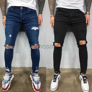 Jeans maschile maschile foro ginocchio strappato pantaloni di jeanny skinny skinny skin color nero blu nera autunno estate in stile hip-hop pantaloni slim fit s-4xl d240417