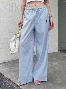 Kvinnor Pants Capris Designer Womens randiga bomullsbyxor med breda ben är bokstäver i fickorna 888 18ID