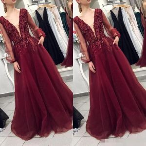 2024 Burgundy Prom Dresses Sexy Plunging v Neck Long Juliet Sileves Inligus