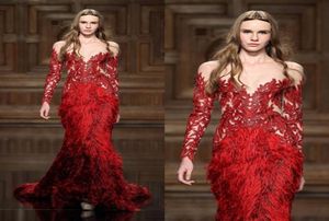 Red Elegant Feather Dresses Evening Wear With Long Sleeves Sheer Jewel Neck Appliqued Prom Gowns Mermaid Sweep Train Formal Dress1705227