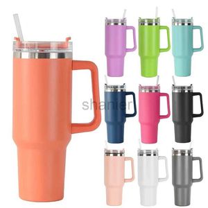 Muggar Portable Vacuum Thermos Cup med lock Straw Coffee Mug Tumbler Håll kallt varmt rostfritt stålhandtag Cup Summer Travel 40oz 240417