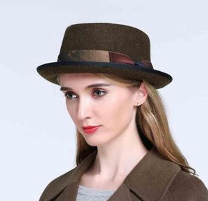 100 Pure Wool Women Pork Pie Fedora Hat Elegant Lady Cashmere Flat Homburg Godfather Top Caps med Fashion Bowknot Stingy Brim Ha5969819