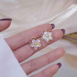 Stud Earrings Korea Fashion Jewelry Exquisite 925 Silver Needle 14K Real Gold Elegant White Flower Women Birthday Gift