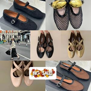 Med låddesigner Sandal Ballet Slipper Slipper Flat Shoes Dancing Women Round Toe Rhinestone Boat Shoes Luxury Leather Nited Buckle Shoes Storlek 35-40 Svart