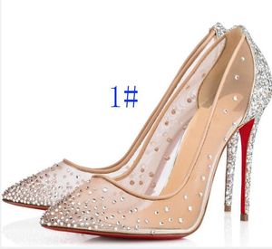 sapatos de grife, veja através de prata Bling Fashion feminino Bottoms Red Bombas Altas bombas de verão Summer Rhinestones Party Wedding Stiletto Saltos finos Cristais da rede