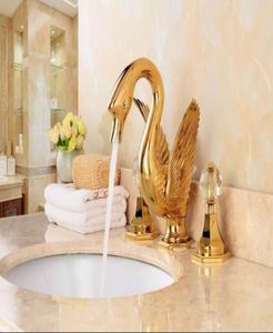 Gold clour bathroom basin sink swan faucet widespread LAVaTORY mixer TAP WITH CRYSTAL GLASS HANDLES8772592