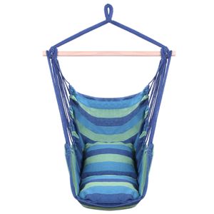 Charakteristische Baumwoll -Leinwand hängende Seilstuhl mit Kissen blau