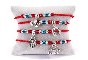 2020 Fashion Red String Blue Turkish Evil Eye Bead Armband tråd Hamsa Horseshoe Heart Fjäril Dingle Charms Braid smycken2394728