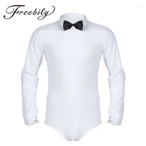 Scene Wear Freebily Professional Men Dance Shirt White Long Sleeve Zipper Latin Modern With Bowtie 1PC Romper