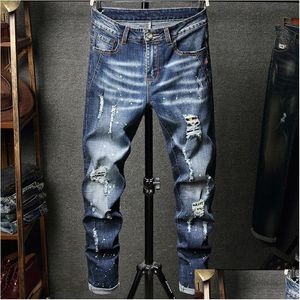 Mens Jeans 2022 Fashion Casual Straight Stretch Dot Craft Little Feet Skinny Jens Men Scratched Blue Hole Denim Tide Pants Drop Delive Dhnd0