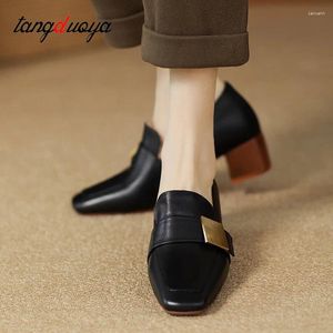 Dress Shoes Leather Women Fashion Pumps Square Toe Thick Heel Mary Jean Slip On Elegant Temperament Daily Handmade