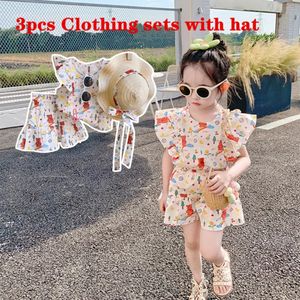 2024 Summer Kids Girls Girls Floral Clothing Suits Дети взбоденные шорты из рубашек малышки 3pcs с солнечной шляпой 240410