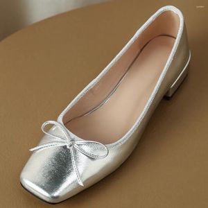 Casual Shoes Women's äkta läder Square Toe Slip-On Ballet Flats Sweet Bowtie Leisure Soft Comfort Female Ballerinas