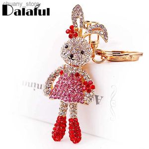 Keychains Lanyards Dalaful Crystal Long Ear Rabbit Flower Key Chains Holder For Car Women Keychains Keyrings Purse Bag Pendant llaveros K254 Y240417