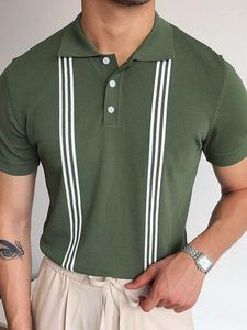 メンズポロスグリーンストライプショートスリムフィットポロシャツ