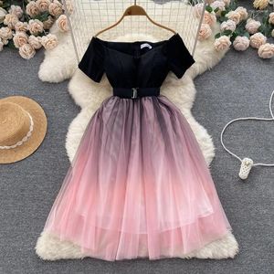 Платья для вечеринок F263 сладкая память Contraast Color Boat Sece Sece Mesh Tule Prom Sexy Women Girl с плеча A-Line Wedding Dress