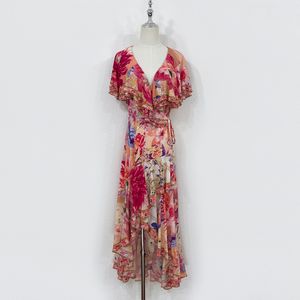 2024 Summer Dress Designer's New Romantic Silk Printed Hot Diamond Holiday Dress Layered Ruffle Edge Long Dress