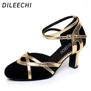 Tanzschuhe Dileechi Gold Velvet Latin Latin Female Frühling und Sommer hohe quadratische Sandalen weiche Außensohle