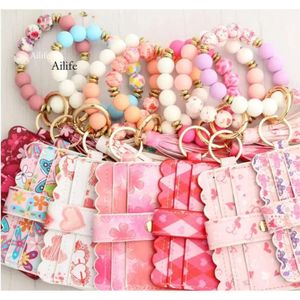 DHL Silicone Bead Bracelet Card Bag PU Valentine's Day Love Women's Wallet Purse Leather Tassel Keychain Z 2.17 0417