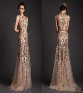 Krikor Jabotian Sukienki wieczorowe Złota syrena kształt Tiulle Sheer See Through Appliques Prom Sukienka Zabrana długa formalna suknie Dubai1909054