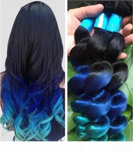 NOWOŚĆ Ombre Ombre Loose Wave Hair Extensons 3pcs Lot Three Ton 1B Niebieski zielony Ombre Brazylijskie faliste ludzkie splot włosów Wetkalki 62697992111283