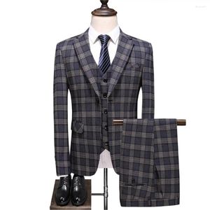 Men's Suits Single-breasted Classic Plaid Suit Set Dress Male Slim Fit Tuxedo Wedding Evening Formal Casual 5XL