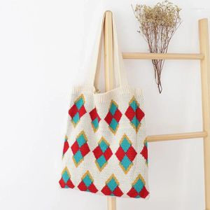 Drawstring Winter Wool Knitted Shoulder Bag Double Strap Soft Geometric Pattern White Blue Face Girl Handbags