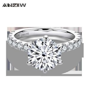 ANZIW 925 Sterling Silver 4CT Round Cut Ring للنساء 6 شوكة محاكاة مشاركة الماس الزفاف Band Ring Jewelry224V