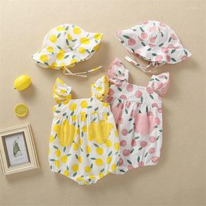 Kläder sätter spädbarns småbarn baby romper med hatt cap flicka kläder set tunna onesie blommor tryckt 2 st bodysuits jumpsuit