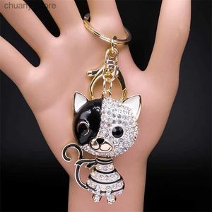 Keychains Lanyards Söt kattunge Cat Keychain Rhinestone Gold Color Animal Keyring Holder Fashion Purse Bag Creative Accessories Jewelry Gift Llaveros Y240417