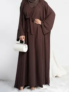 Etnik Giyim 2 Parça Kimono Abaya Set Müslüman Setleri Ramazan Sade Abayas Kadınlar için Dubai Türkiye İç Hijab Elbisesi Afrika İslam