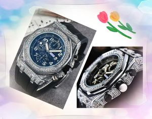Populära Super Fashion Men Quartz Watch Stopwatch Clock Top Brand Diamonds Ring Waterproof Sex Stiches Design Black Green Rubber Strap Wristwatch Montre de Luxe Gift