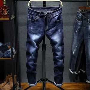 Jeans maschile New Spring Autumn Autunno Coreano Stretch Denim Boys Boys Bidone Designer Carenti Skinny Mas Male Slim Blue Scepped Pants D240417