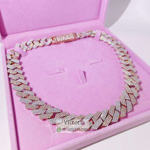 Хип -хоп ICED OUT 20 мм 3 ряда розовое золото 2 Tone VVS Moissanite Cuban Link Chain