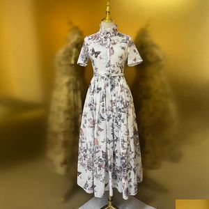 Basic Casual Dresses Womens Dress European Fashion Band Butterfly Printed Cotton Short Sleeve Gathered Waist Midi Drop Delivery Appare Otmps
