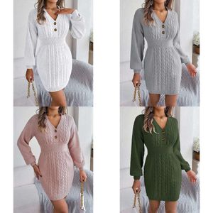 Casual Dresses Loose Knit Sweater Dress Autumn and Winter Women 'Button V-Neck Tvist