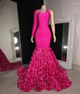 Party Dresses Fuchsia Luxury One-shoulder Black Girls Prom Mermaid Style Beaded Floral Gowns