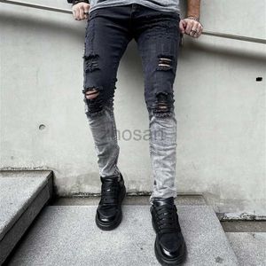 Mäns jeans Nya män Stylish Ripped Gradient Skinny Pencil Pants Mane Holes Stretch Casual Denim Trousers D240417