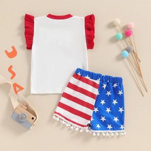 Giyim Setleri Toddler Bebek Kız 4 Temmuz Kıyafetleri Fırlatma Amerika Tweetheart T-Shirt Yıldız Şerit Tassel Şort Seti