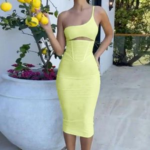 Casual Dresses Front Hollow High-waisted Corset Design Hip Wrap Women Dress One Shoulder Sling Lady Sleeveless Bandeau Bodycon Long Party